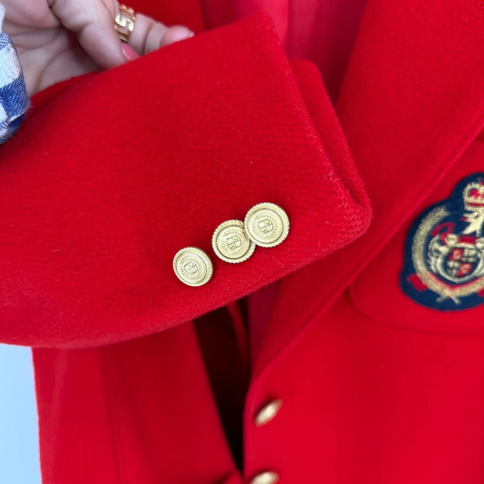 Vtg Lizsport Red Blazer Crest Gold Button Wool Blend 12 90s Holiday Festive - Image 9