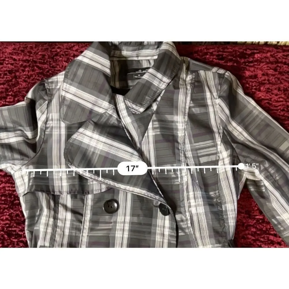 Women’s Plaid Gray/Purple Button Rain Coat MEDIUM Gray - Image 5