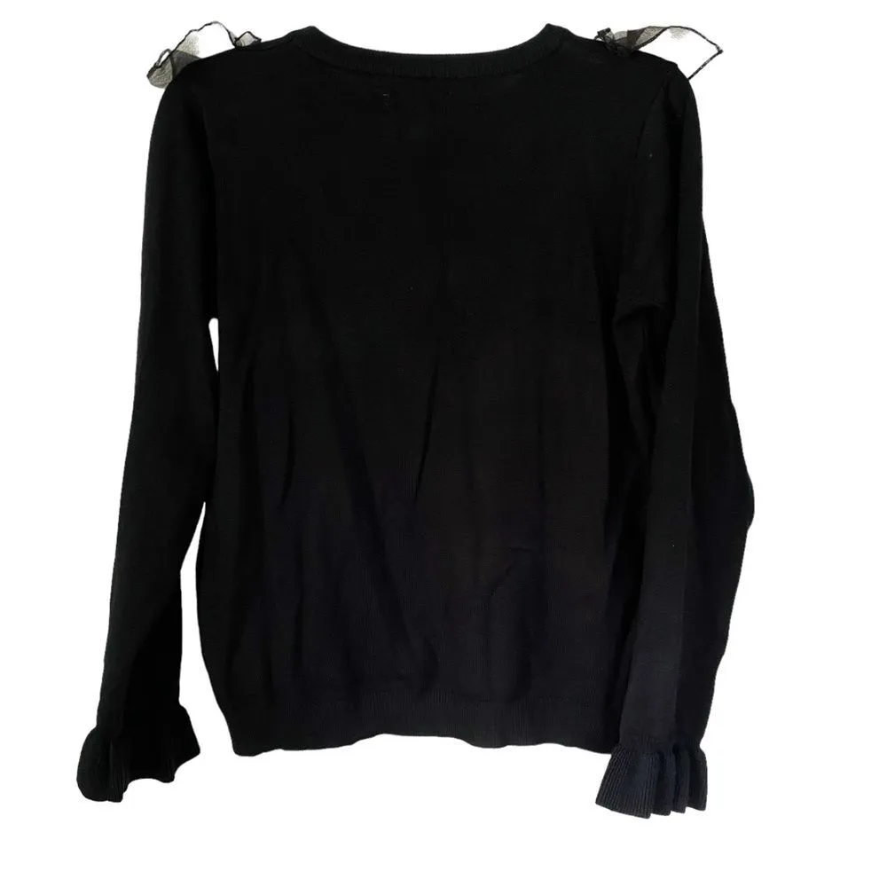 QED London Asos Black Knit Long Sleeve Ruffled Embroidered Sweater Size XS - Image 2