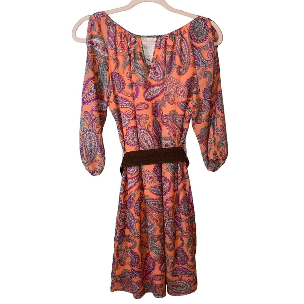 Cato Peachy Orange Paisley Print Belted Waist Dress - Image 3