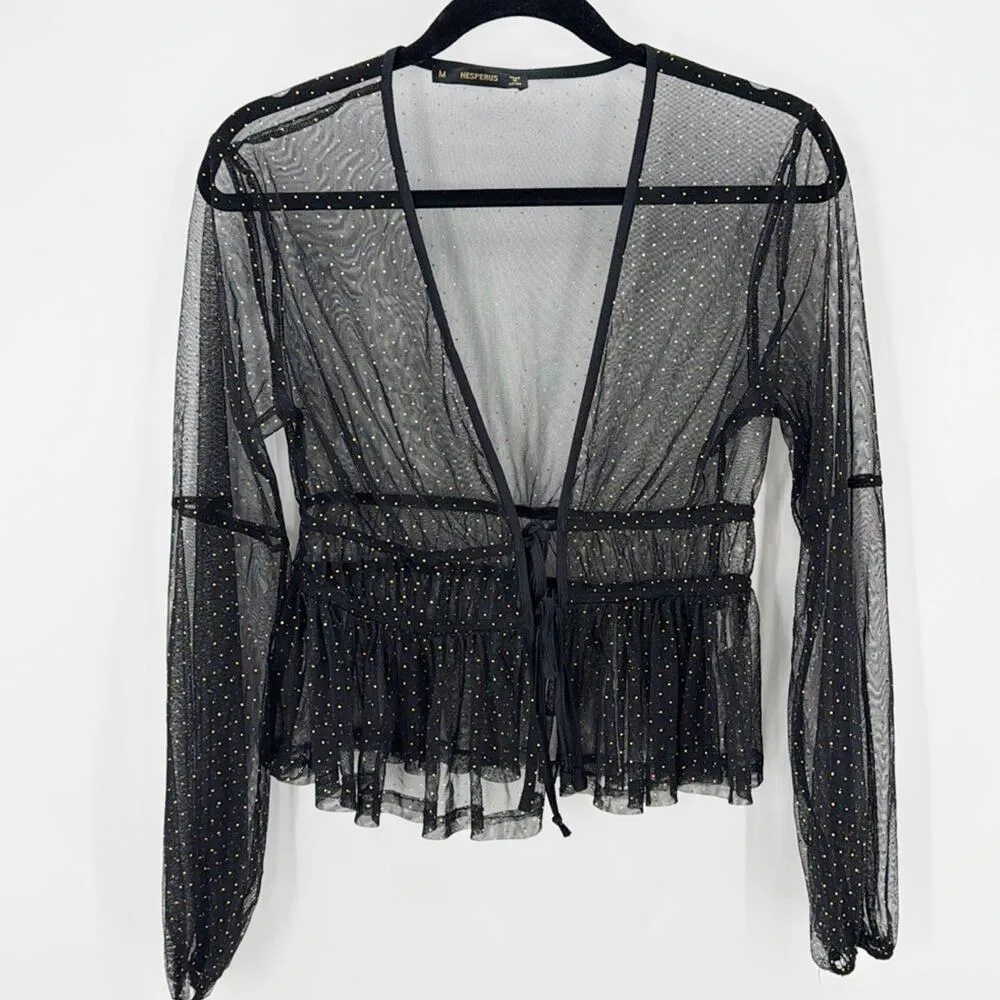 Hesperus Sheer Black & Gold Polka Dot Blouse tie front peplum sz M rocker gypsy - Image 2