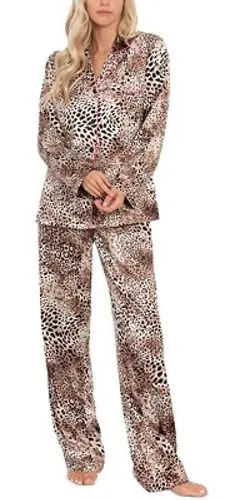 Linea Donatella Leopard Print Pajama Set Top Pants Pink Trim Women's M - Image 1