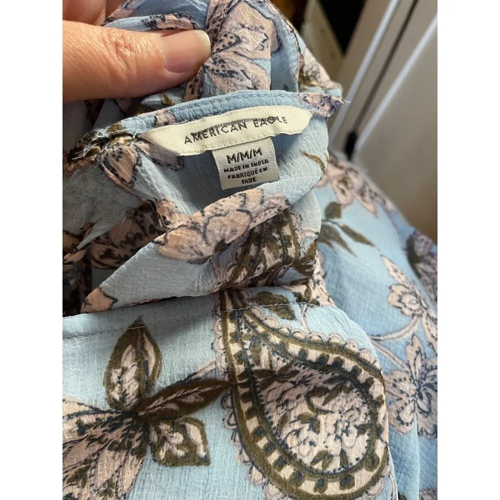 American Eagle  Floral Tie Back Blouse  Light Blue  Paisley Chiffon Size M NWOT - Image 2