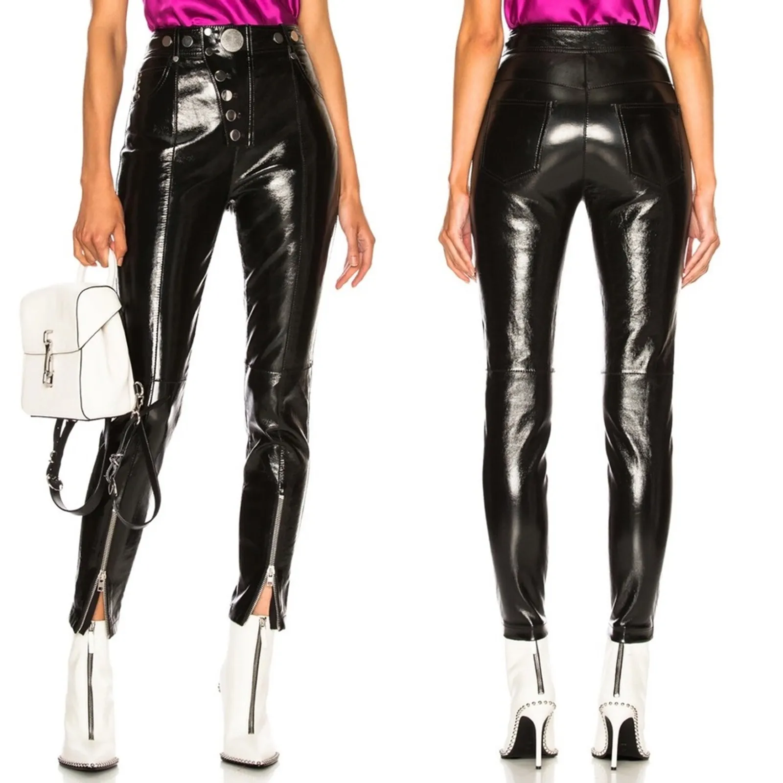 Alexander Wang Snap-Detailed Patent Leather Skinny Pants in Black - Image 3