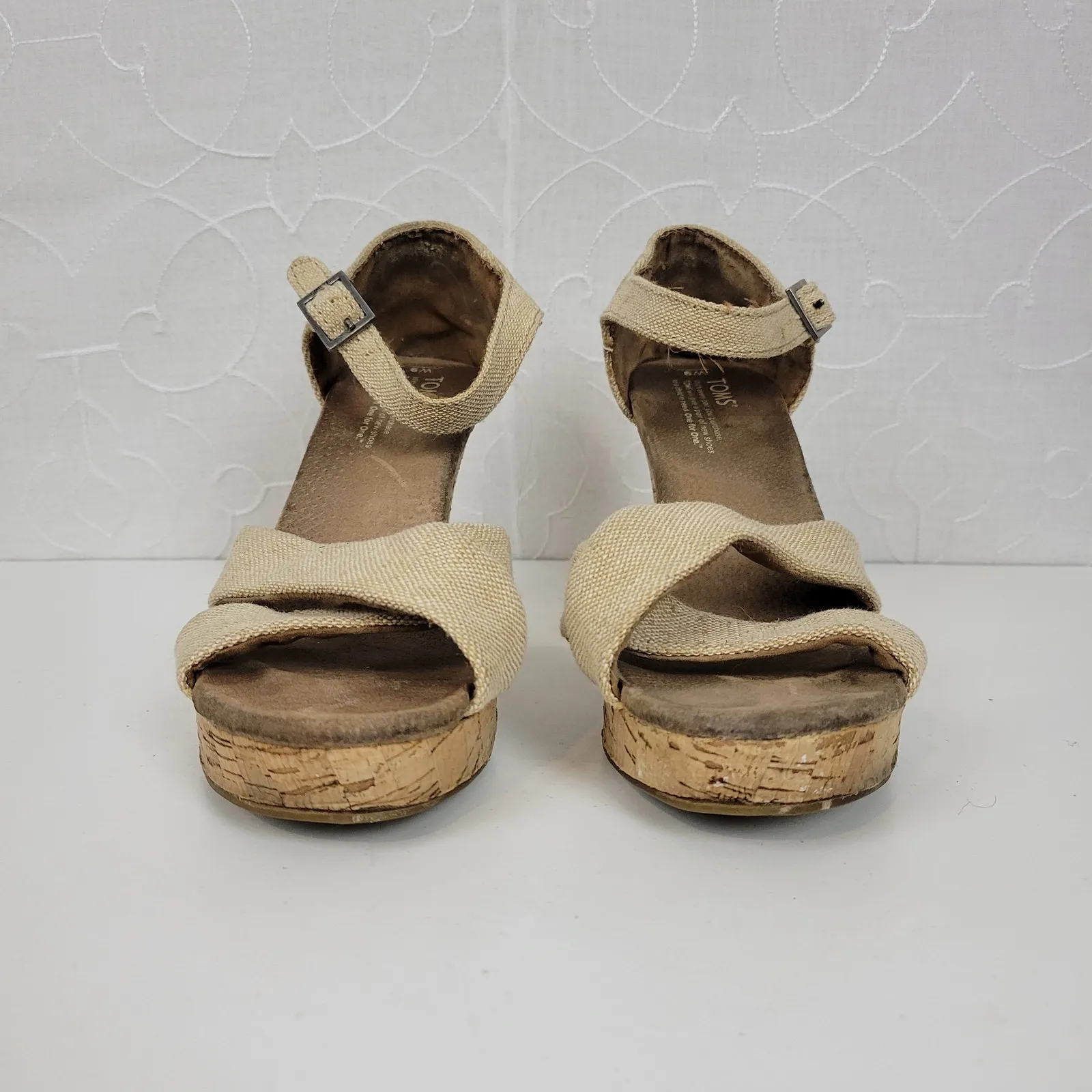 TOMS Sienna Womens Sandals Size 9 Cream Canvas‎ Crisscross Open Toe Cork Wedge - Image 10