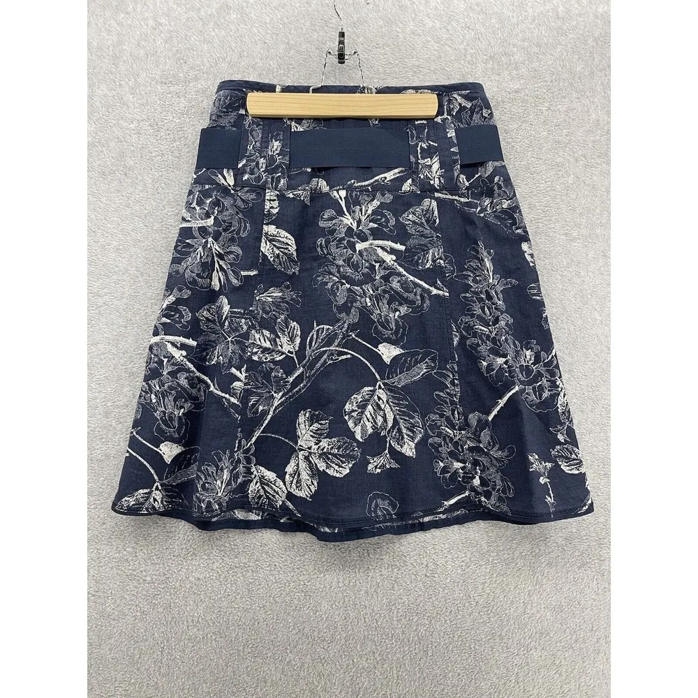 Esprit de Corp Women's A Line Full Skirt Blue Size 4 Floral Belted Linen Cotton - Image 2