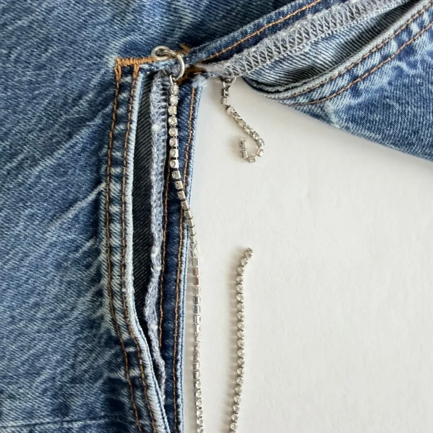 Zara Jeans Mid Waist Straight Leg Cut Out Rhinestone Chain Size 34 / 2 #Z975 - Image 5