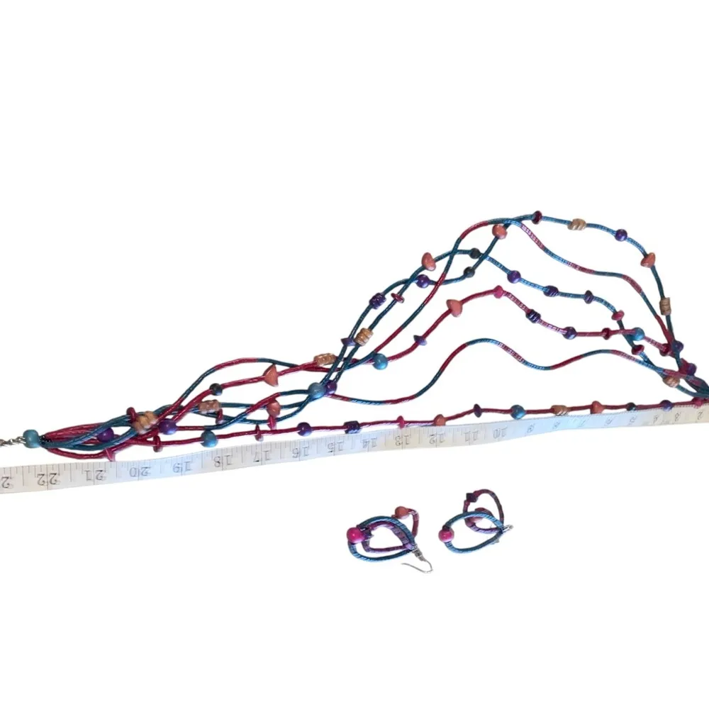 vintage 80s multi strand wood Beaded Necklace Earring Set teal magenta purple Red - Image 4