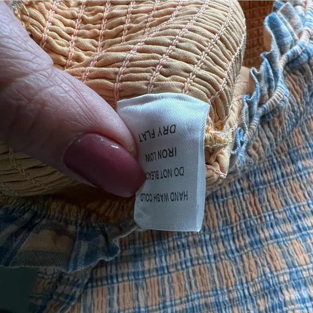 Mable Southern Peach Plaid Deep V Neck Smocked Skirt Puff Sleeve Mini Dress Orange - Image 8