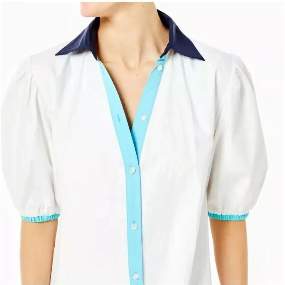 ADDISON BAY ISLE DRESS 100% Poplin Cotton White Blue Pipping Drop Waist Midi Sma - Image 3