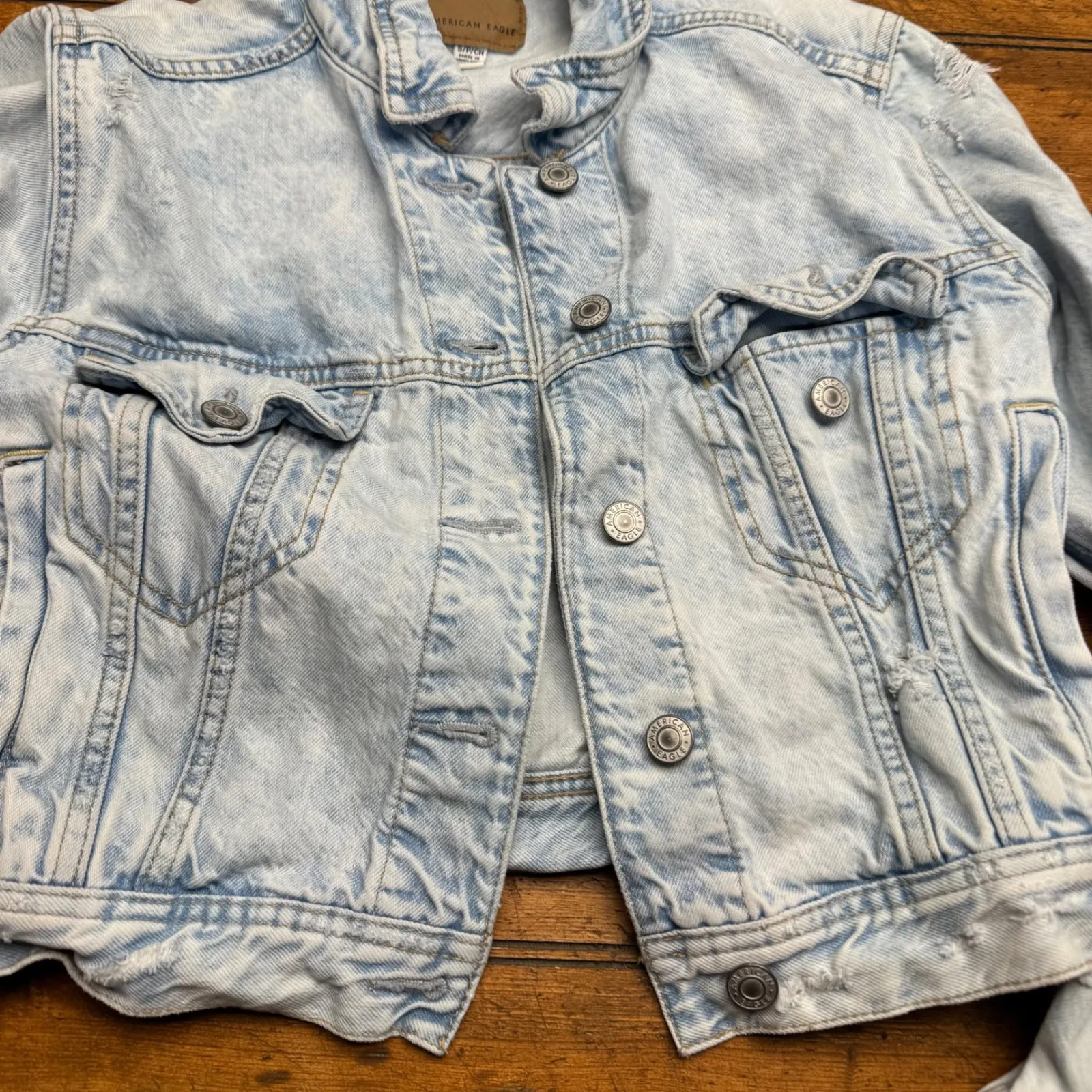 American Eagle Acid Wash Denim Jacket Distressed Cropped Blue Size S - Image 6