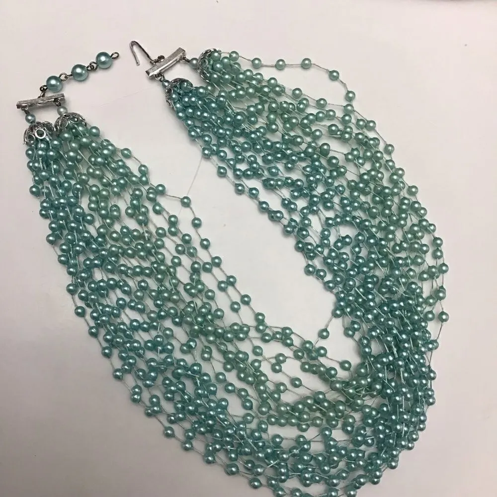VTG ‘60s Baby Blue Multi Strand Choker and Matching Clip Earrings - Image 12