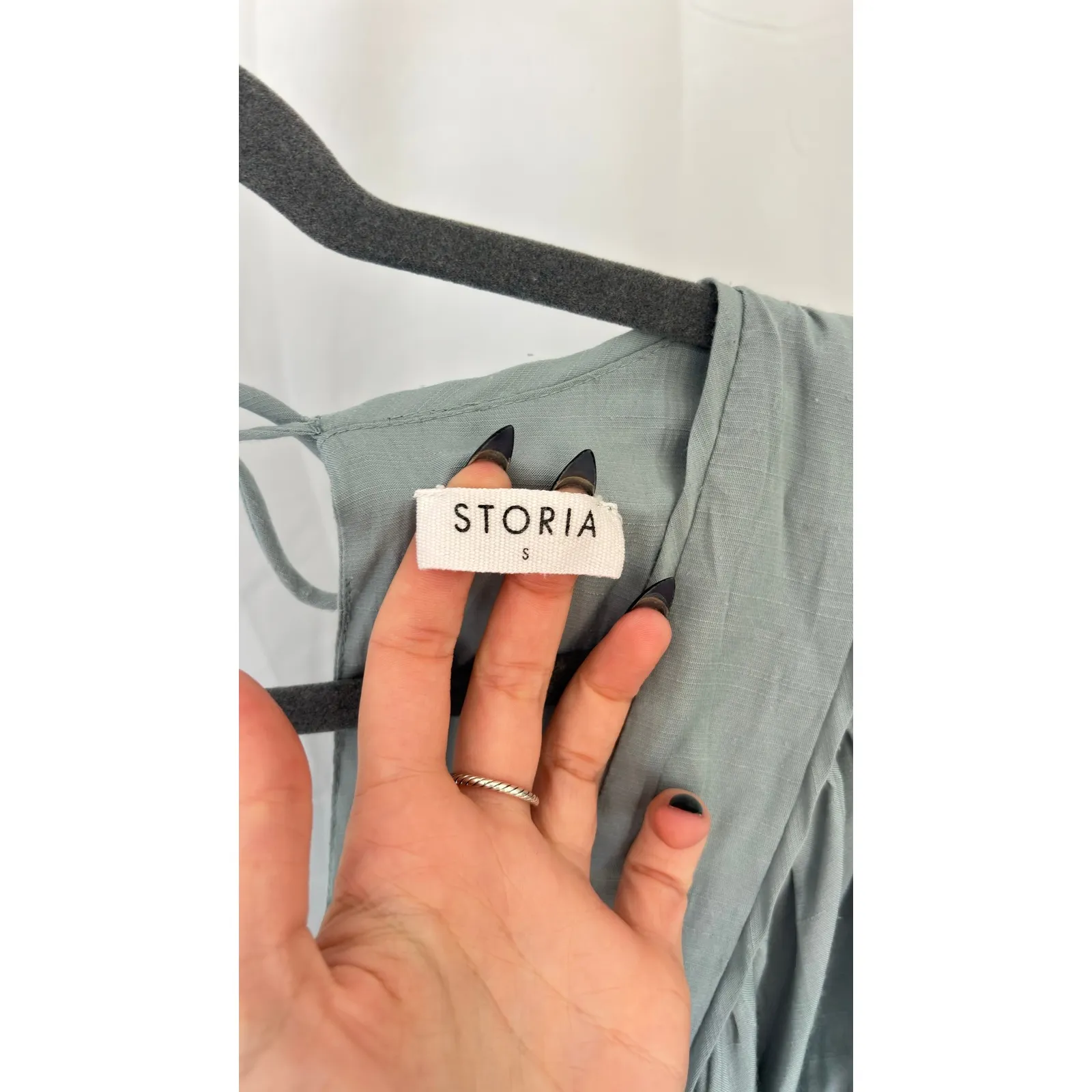 STORIA Sage Green Flutter Sleeve Maxi Dress Tie Waist Tiered Ruffle Size S - Image 4