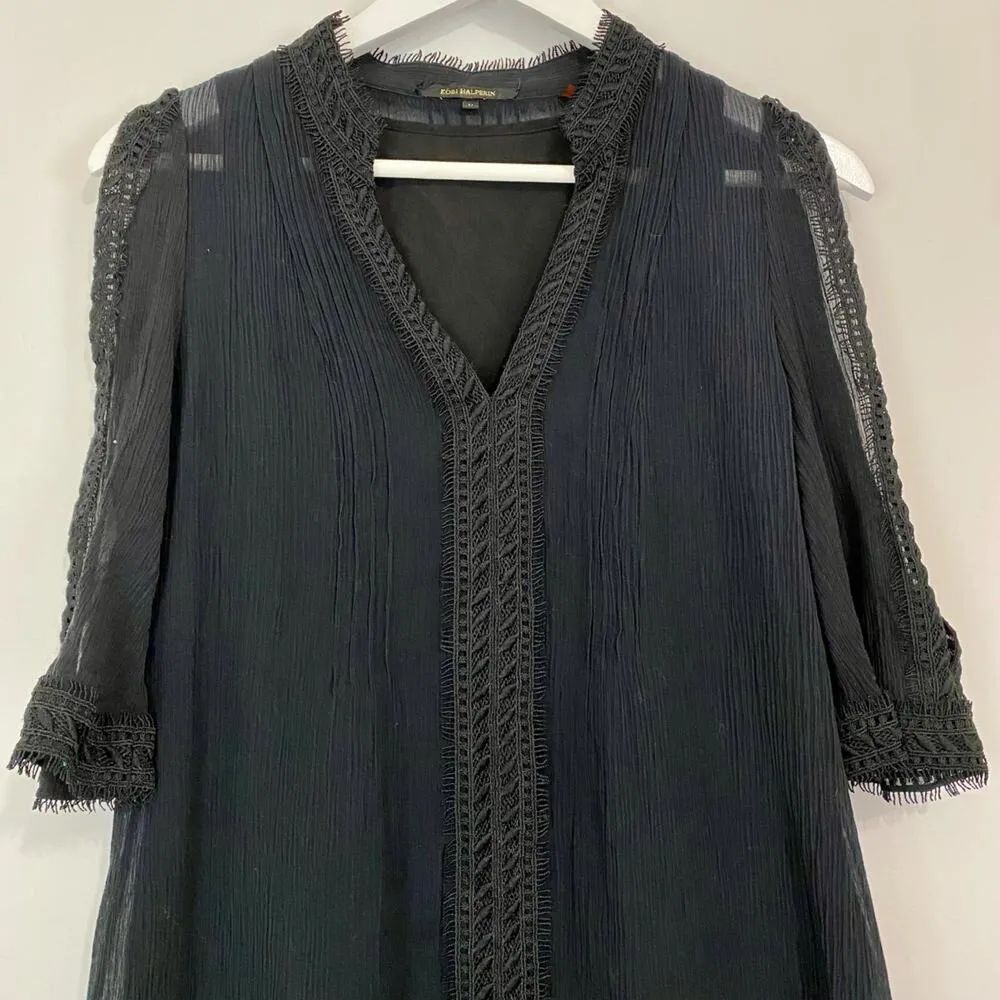 Kobi Halperin Women's Lace Trim Mini V Neck 3/4 Sleeve Dress Size Medium EUC Black - Image 2