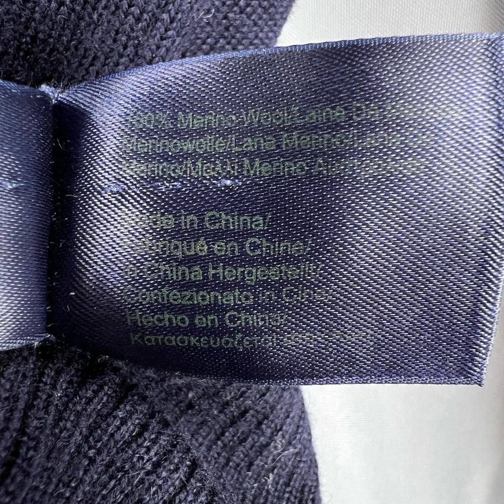 Brooks Brothers Sweater Merino Wool Navy Blue Ruffle Neckline VNeck Womens Med - Image 4