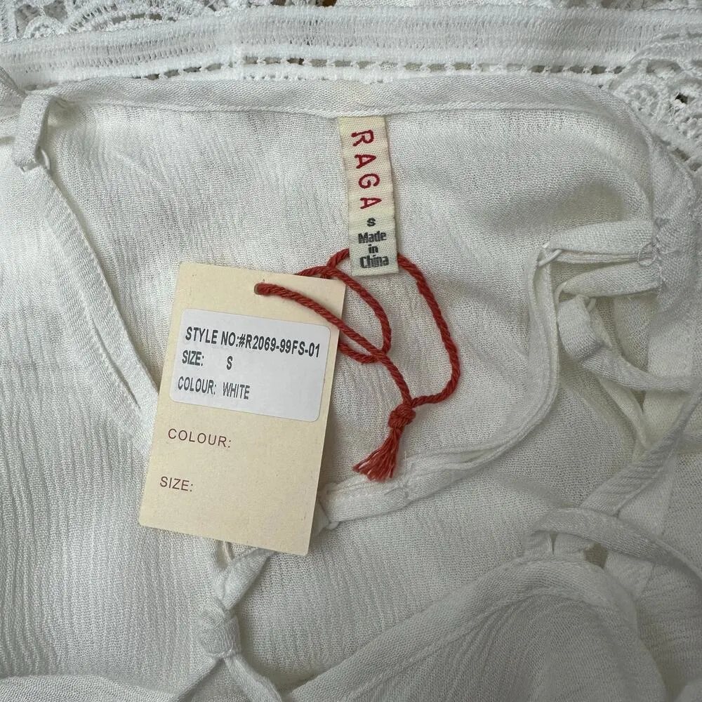 RAGA ANTHROPOLOGIE Small White Rayon Lace Trim Santa Clarita Boxy Flowy Boho Top - Image 5