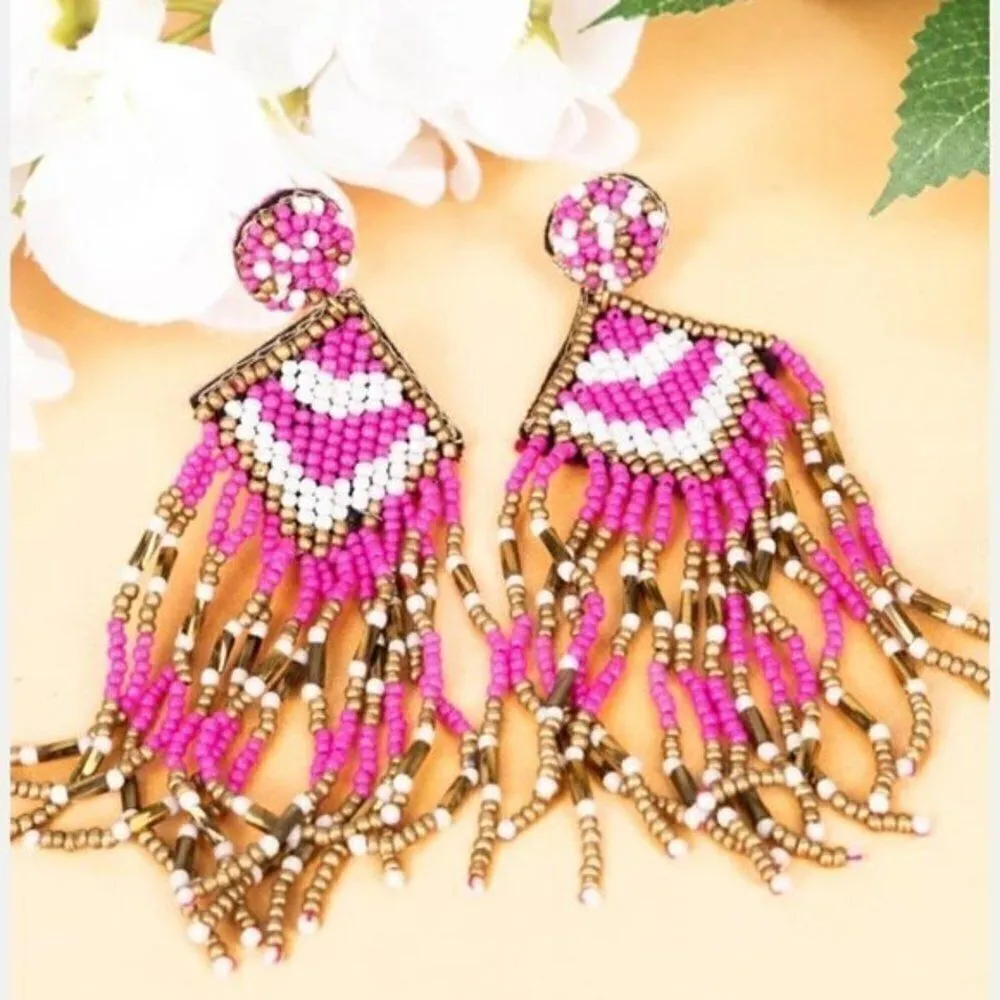 Pink White Gold Seed Bead Tassel Fringe Earrings - Image 2