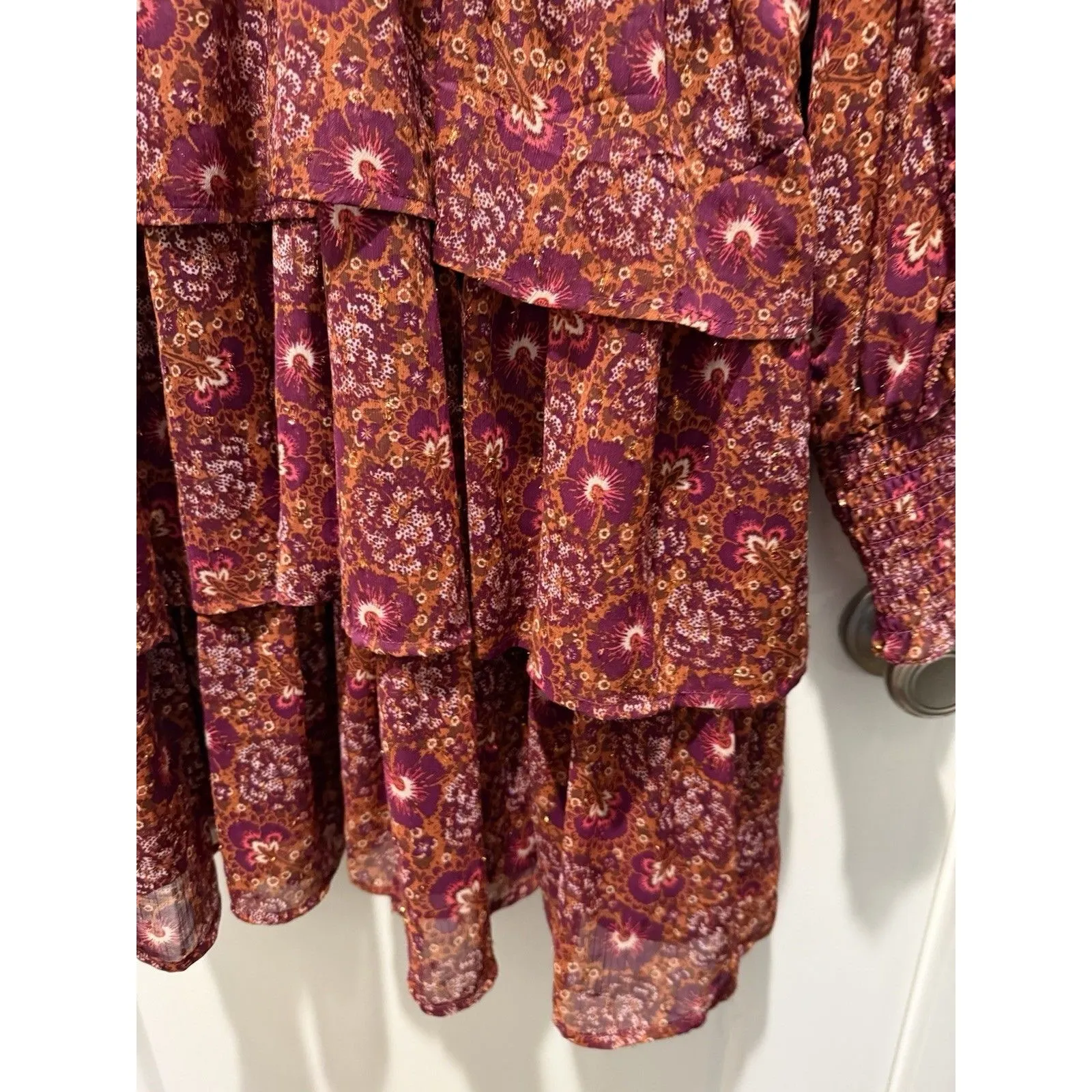 House Of Harlow Tiered 1960 Floral Mini Dress Berry Size 8 longsleeve womens Red - Image 6