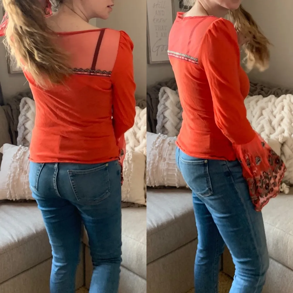 Free People NWOT beautiful embroidered mesh belle sleeve LS bohemian top - Image 2