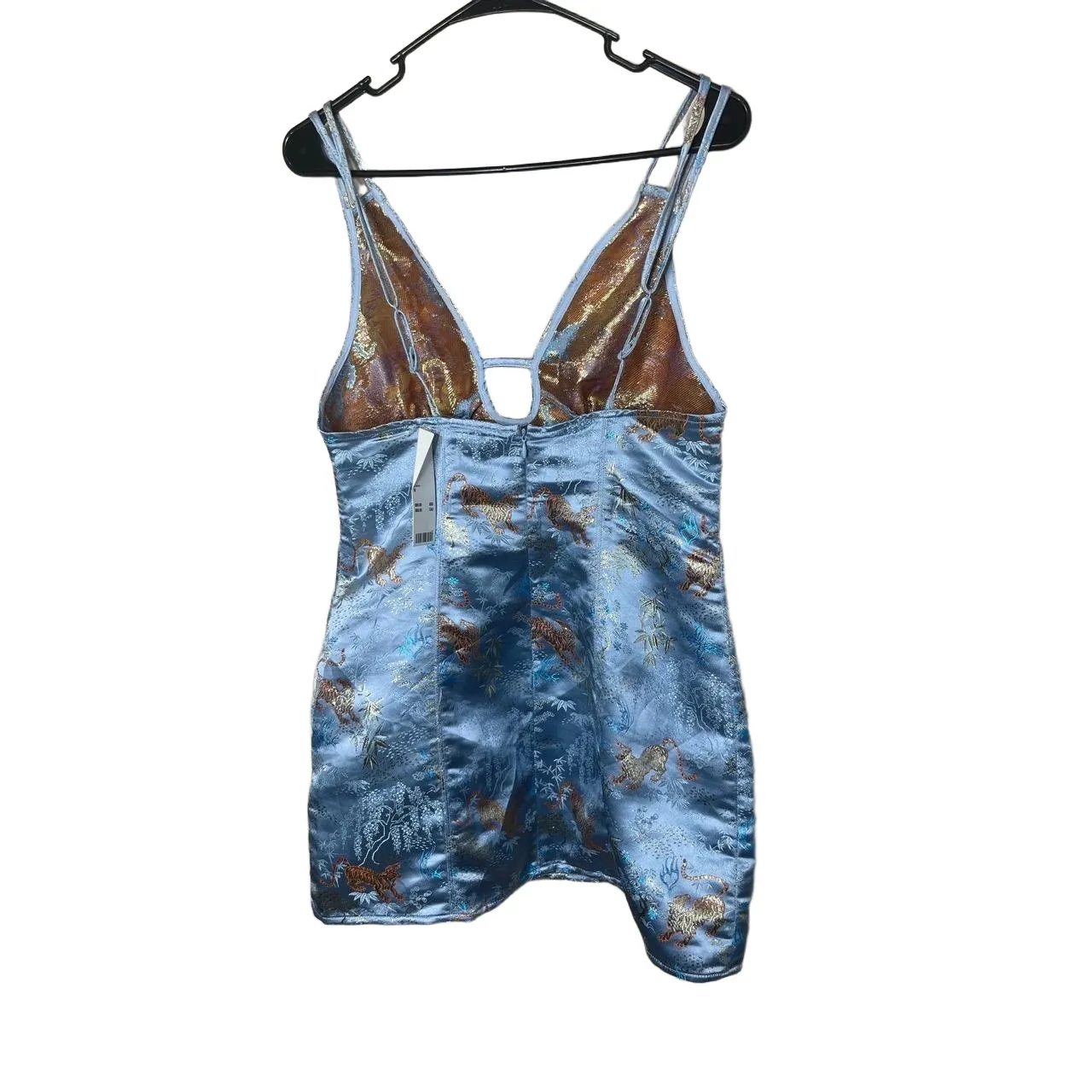 NWT Urban Outfitters Cassie Blue‎ Satin  Embroidered Tigers Mini Dress Medium - Image 5