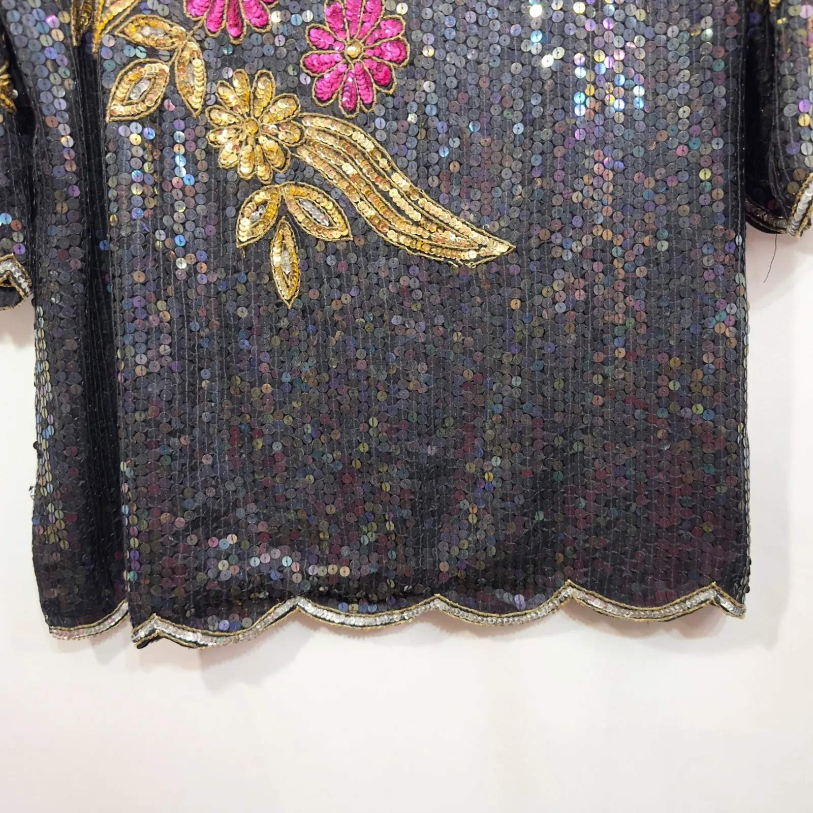 VTG 80s Elegance Sequin Top‎ Large Floral Beaded Party Blouse Black Gold 103 - Image 7