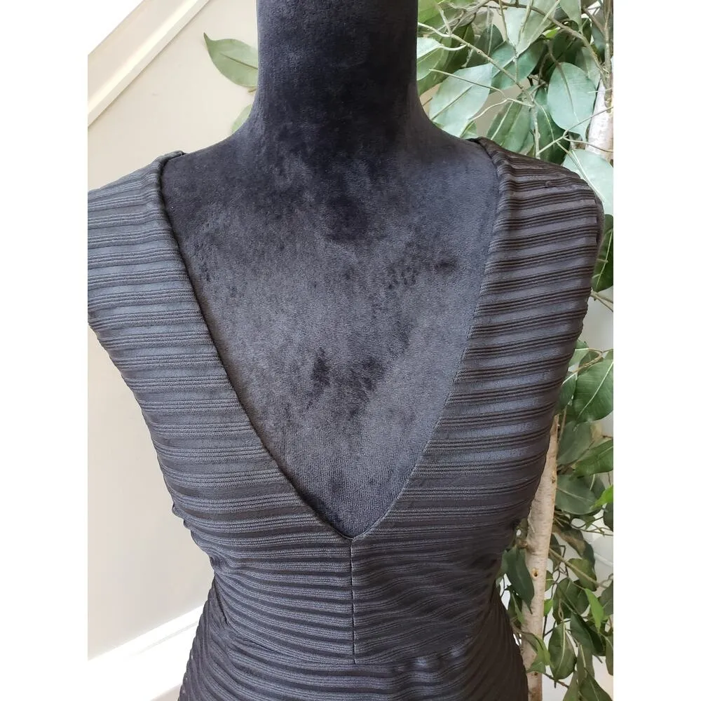 Haute Monde Sheath Dress Womens L Black Mesh Striped Lined Deep V Neck Back Zip - Image 12