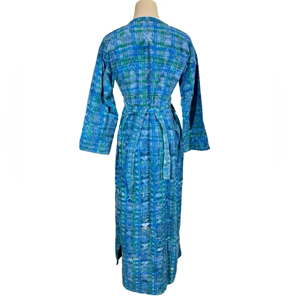 Handmade Vintage 80s Guatemalan Ikat Maxi Dress Embroidered Huipil Panel Blue Size M - Image 6