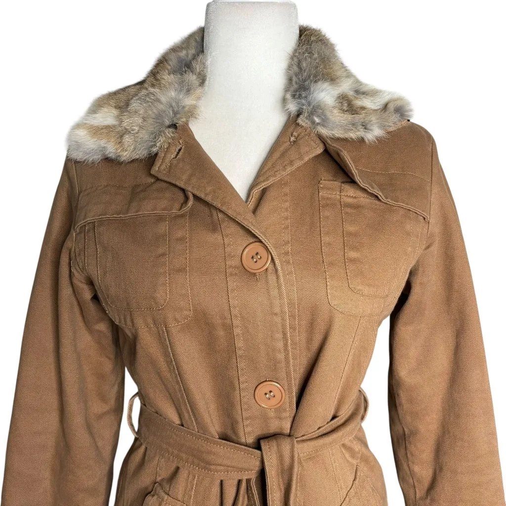 Belted Trench Coat Removable Rabbit Fur Collar Small Tan Pockets Lined Buttons - Image 3