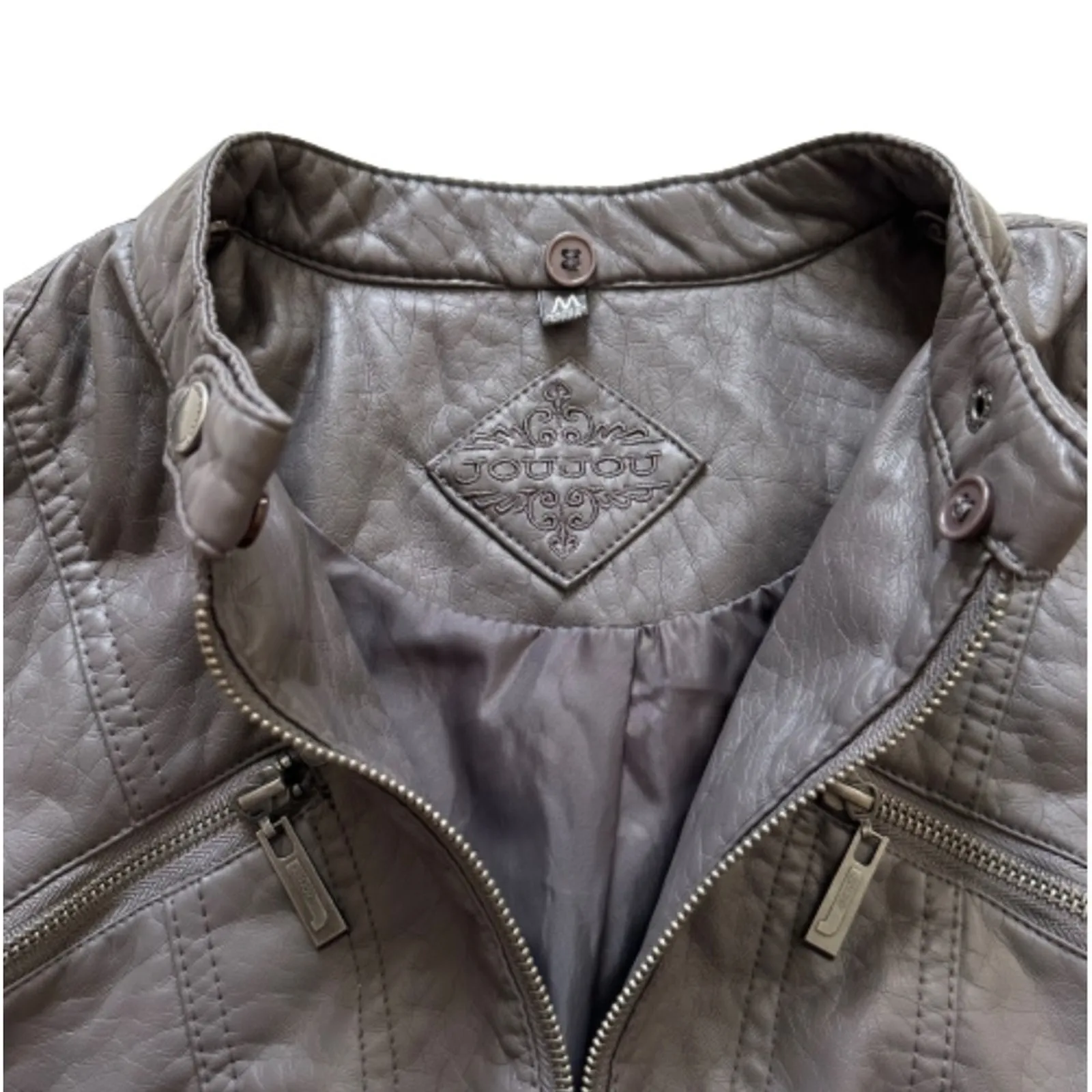 Jou Jou Jacket Gray Faux Leather Detachable Hood Fitted Pockets Moto Coat Medium - Image 4