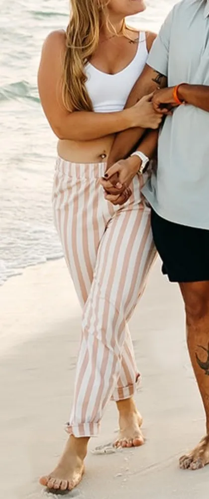 Forever 21 Women's Pink Striped Straight Leg High Rise Pants Size Medium - Image 1