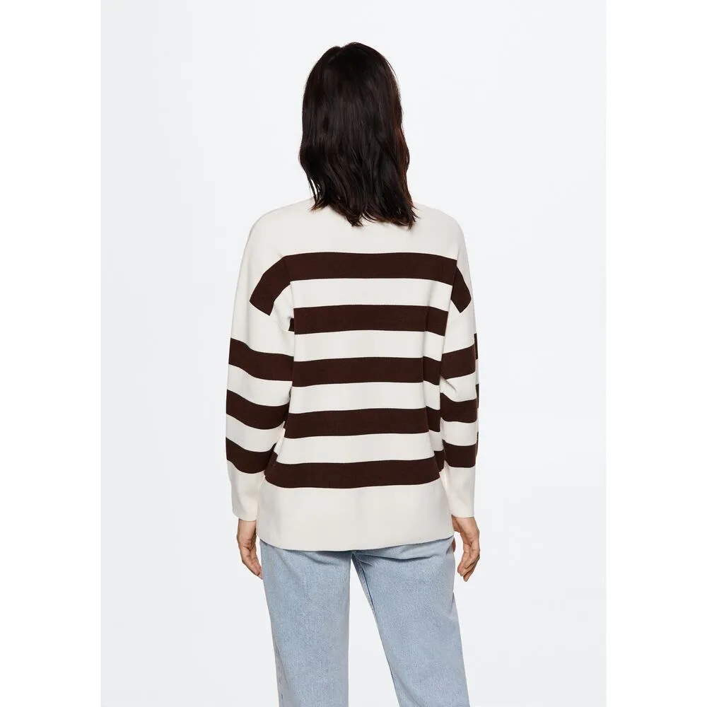 MNG Women's Cream Brown Striped Mock Neck Oversized Pullover Sweater Size L Size L - Image 2
