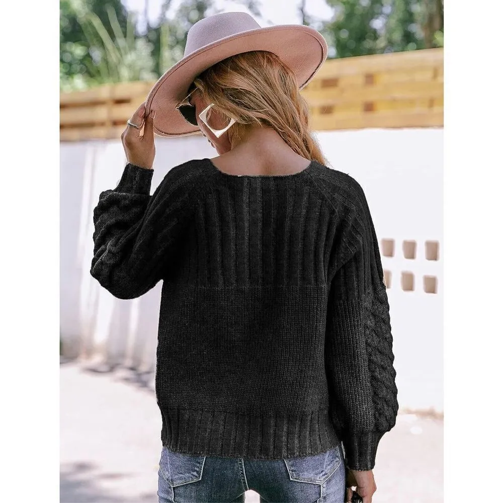 Miessial Button Down Long Sleeve Cardigan Sweaters Chunky Cable Knit Crop Sweate Black - Image 4