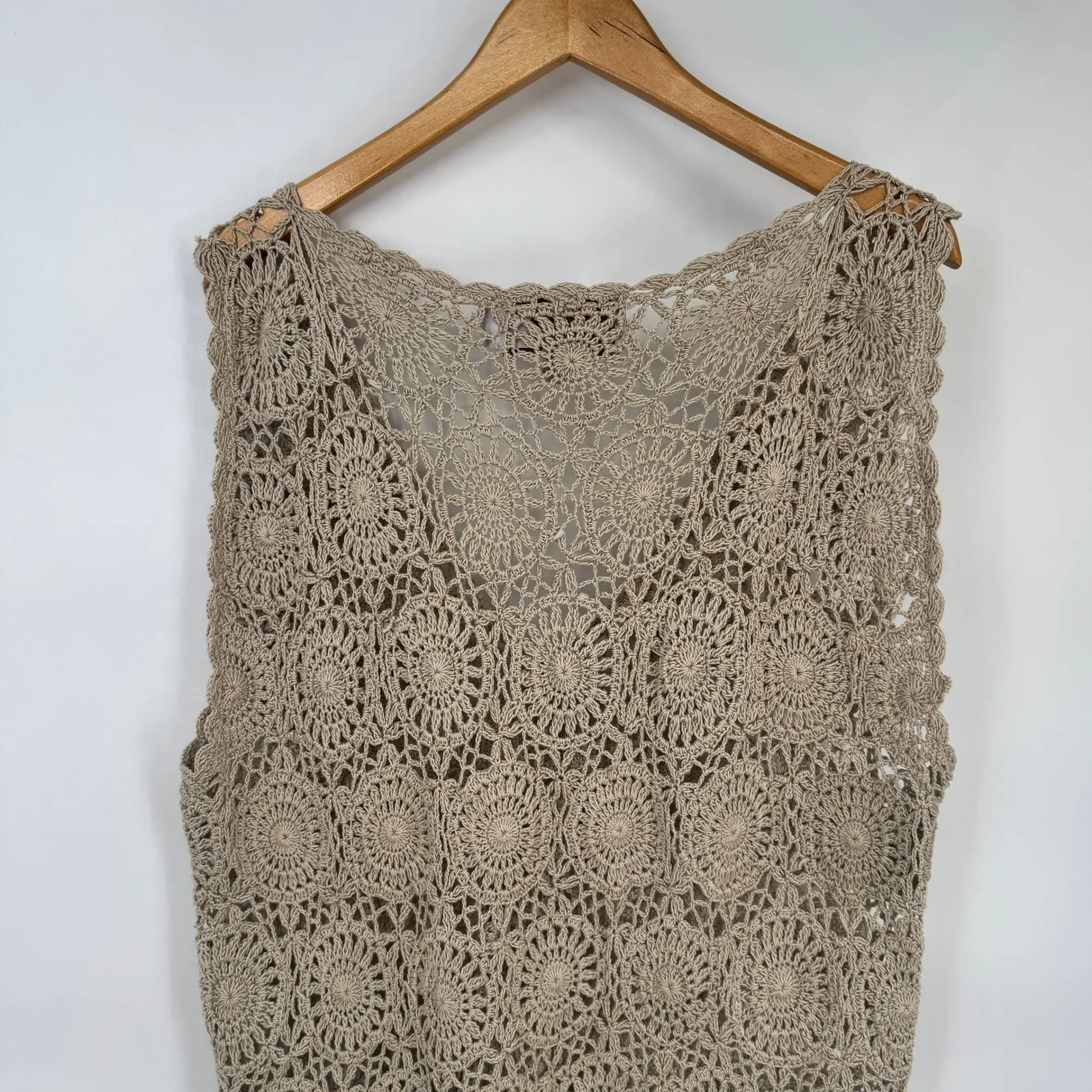 Jon Christy Hand Crocheted Cotton Vest Womens Large Beige Grannycore Open Knit Brown - Image 7