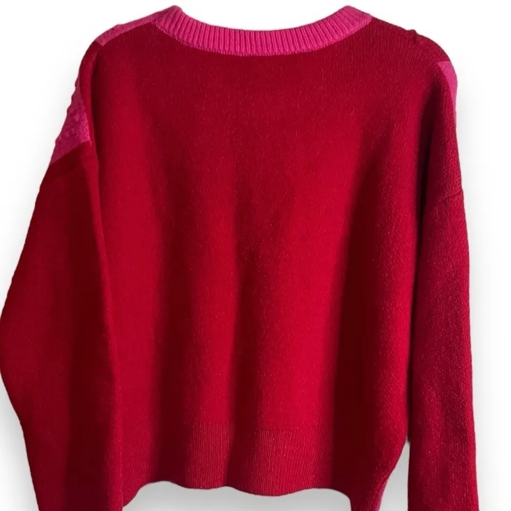 Multicolor Checkered Pattern Heart Detail Textured Sweater Women’s Size Large Pink - Image 5