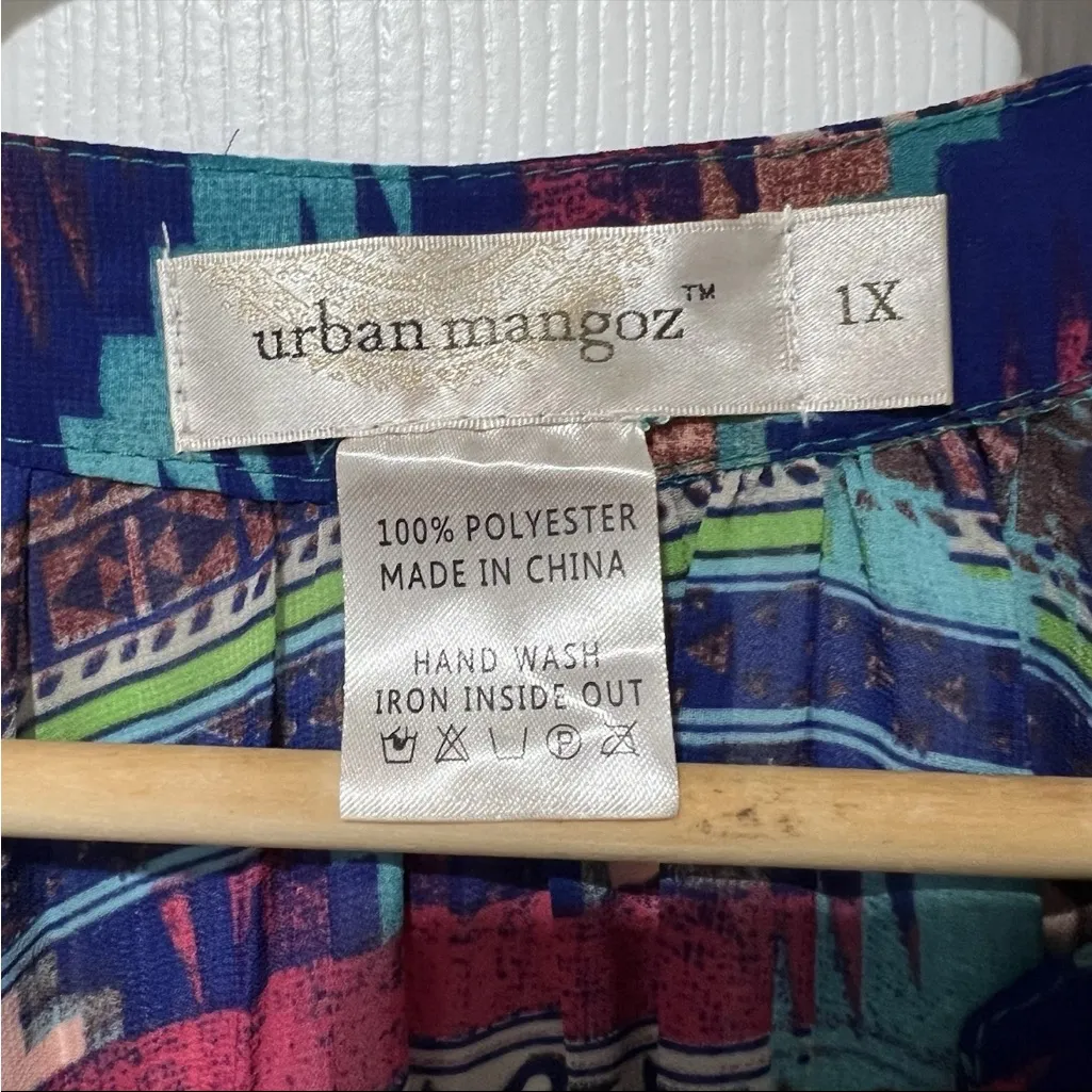 Urban Mangoz V Neck Sheer Tunic Roll Tab Sleeve Boho Festival Womens 1X Aztec Blue - Image 7