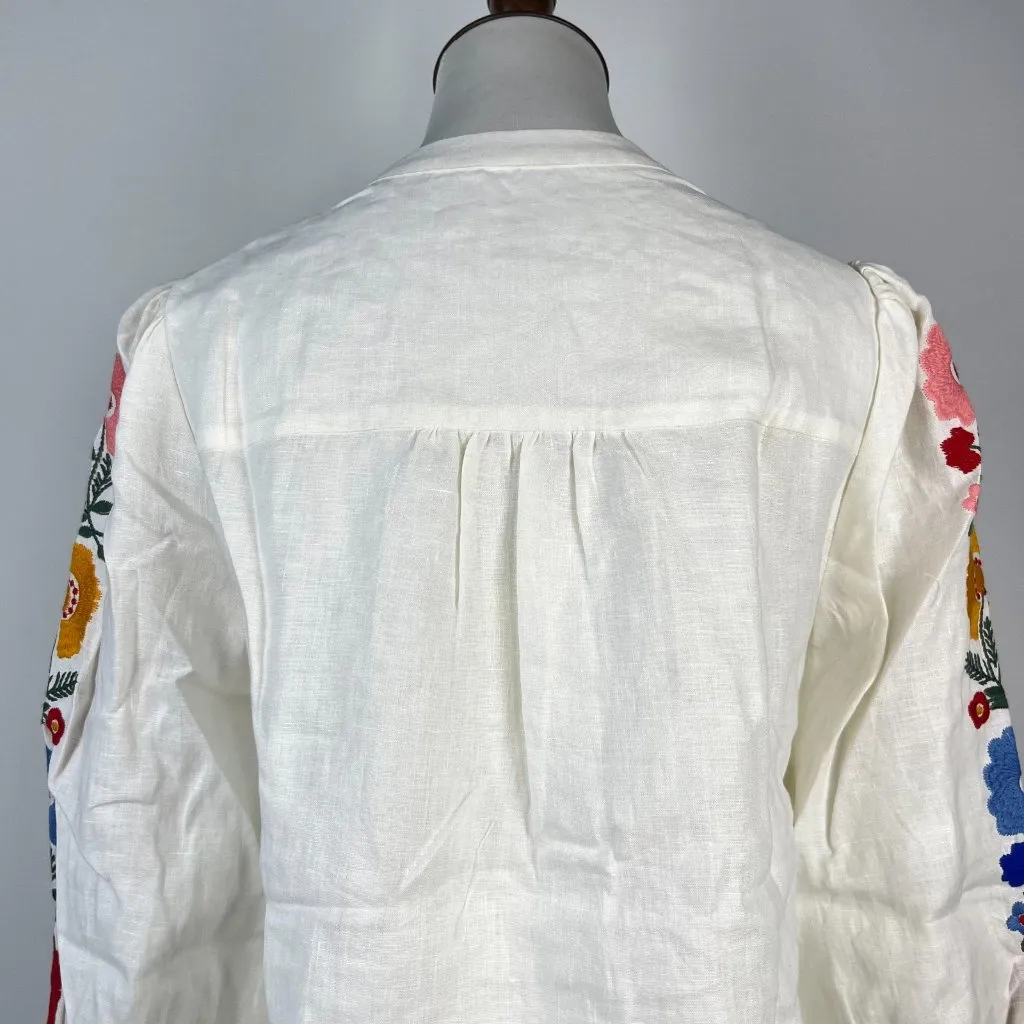 NWOT Boden Embroidered Floral Ivory Long Sleeves White Linen Top Shirt Blouse 12 - Image 7