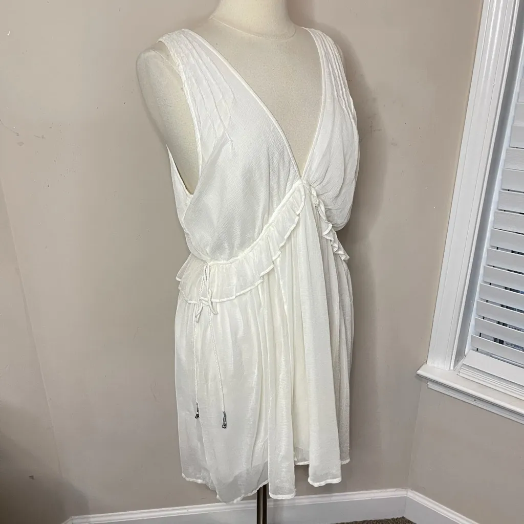 FREE PEOPLE Rio Grande Mini Dress in Ivory/White Drawstring Waist, Large - Image 6