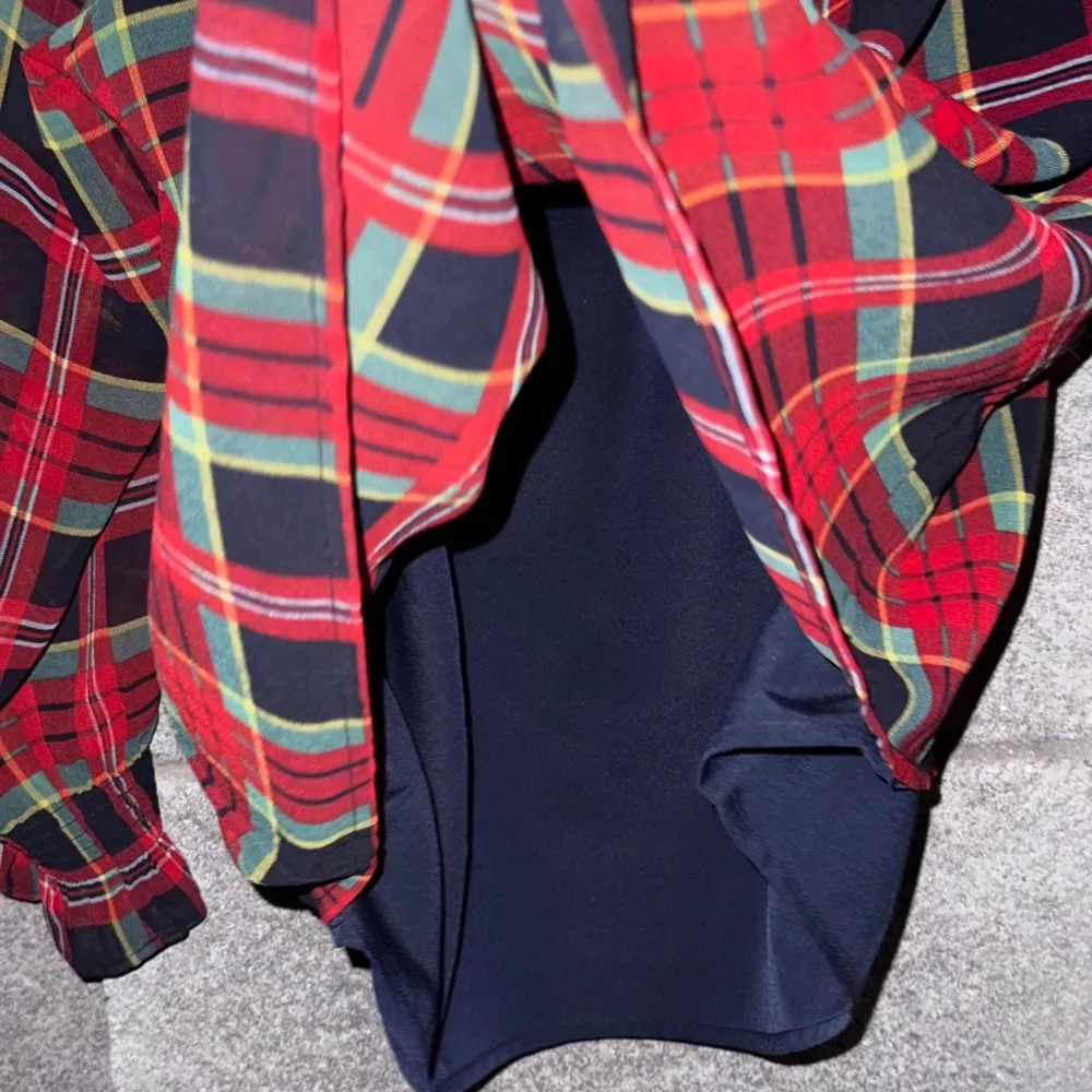 Talbots Red Checkered Plaid Blouse with Liner Off Shoulder Size M - Image 3