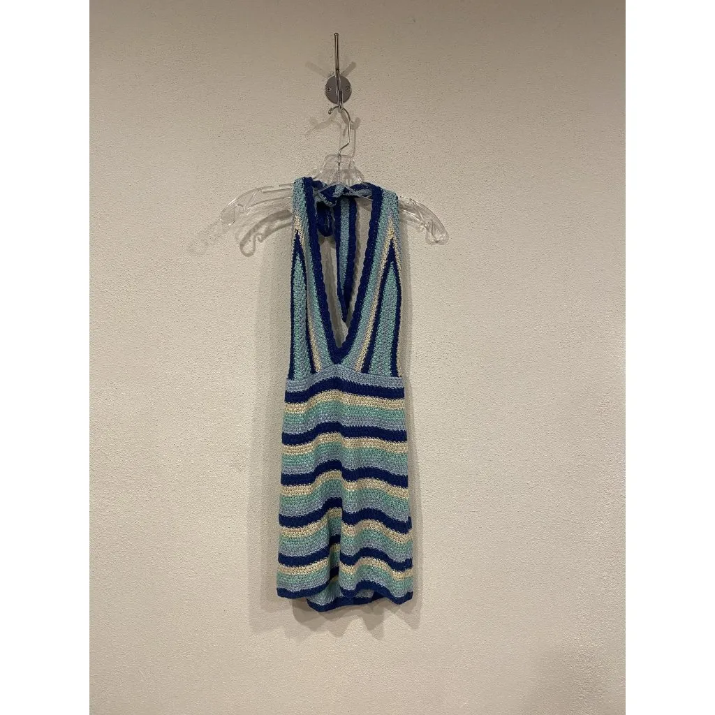 White Fox Weekend Bliss Mini Dress Womens Large Blue Crochet Halter Striped - Image 2