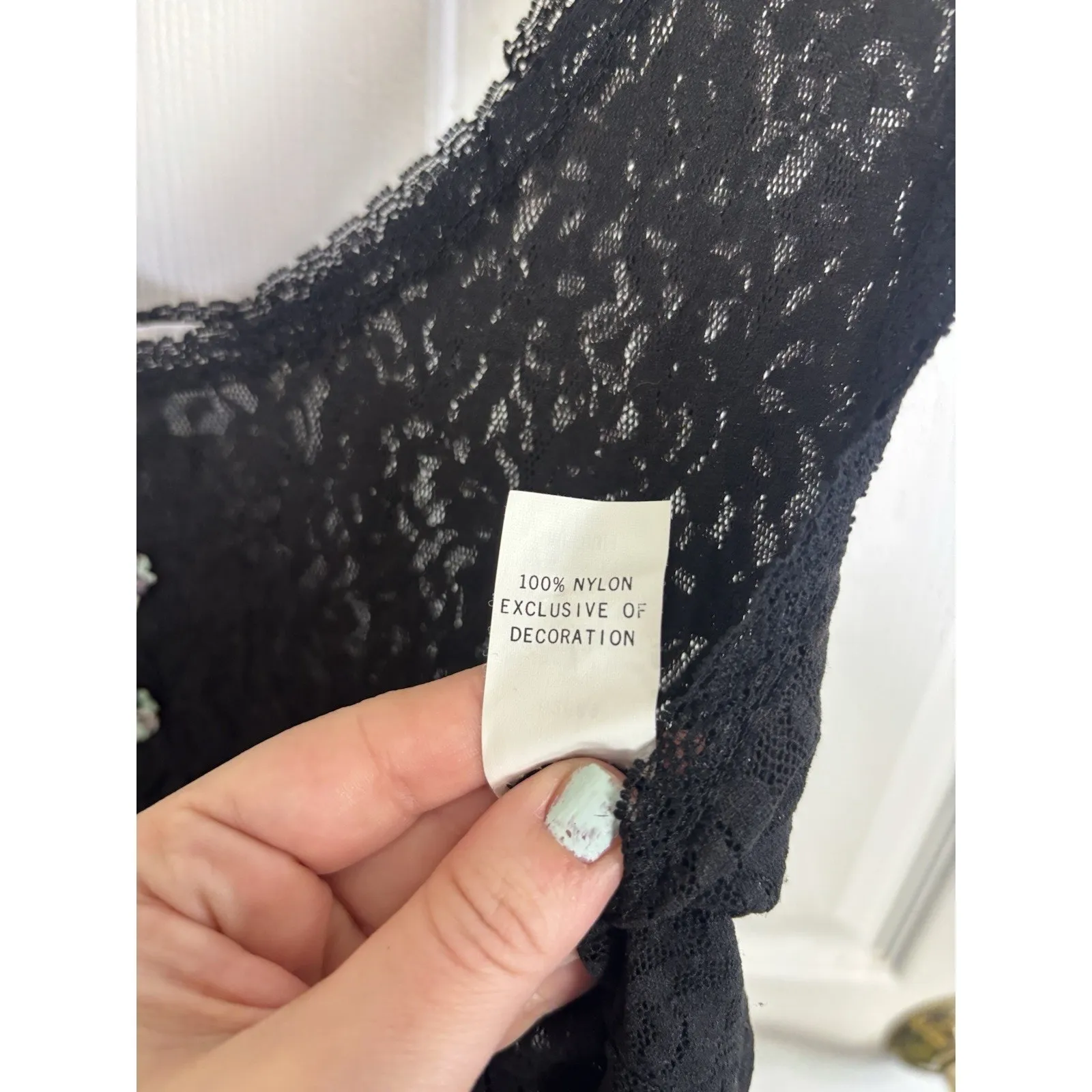 Vtg 90s Cinema Etoile Black Nylon Lace Nightie Size Medium Roses Fairy Grunge - Image 6