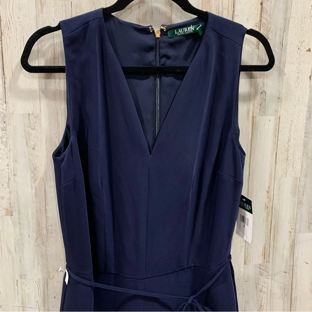 NWT Lauren Ralph Lauren Cropped Wideleg Navy Jumpsuit With Pockets V Neck - Image 2