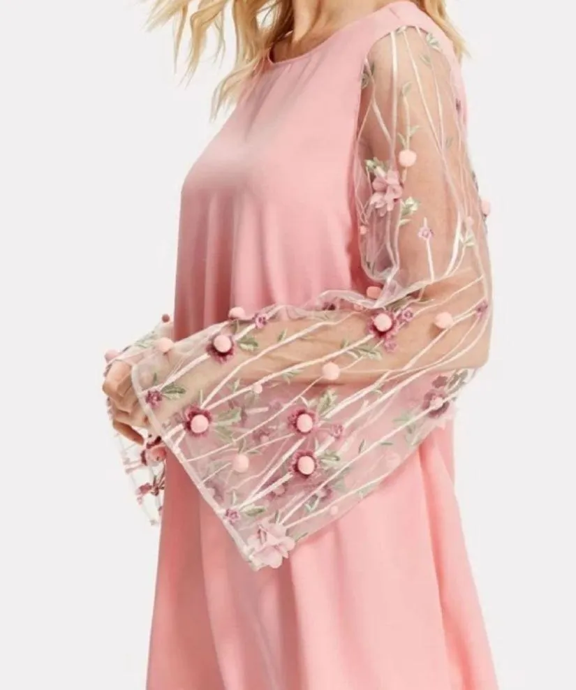 Flower Embroidery Pompom Detail Sheer Sleeve Dress Pink Size XS - Image 9