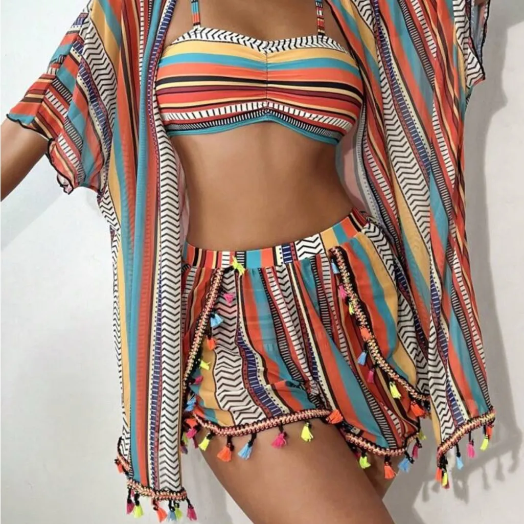 Striped Multicolor Bikini Set with Cover - Image 3