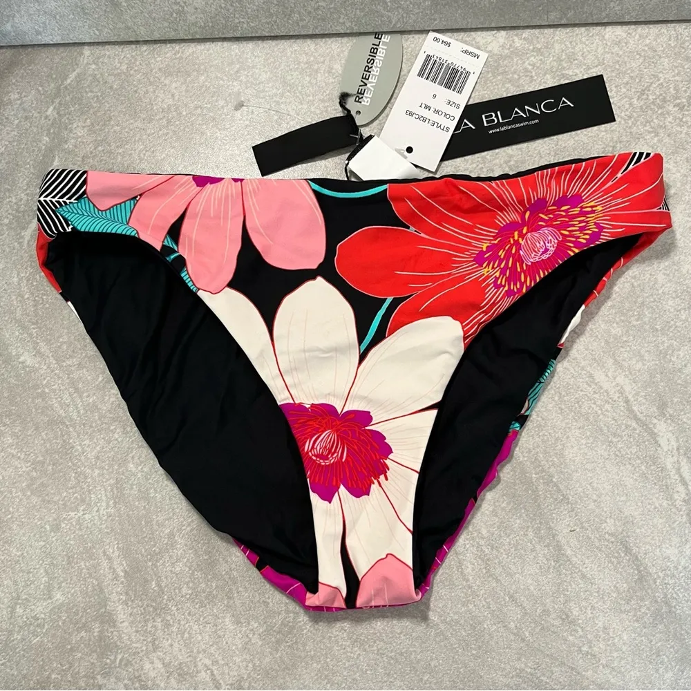La Blanca Bikini Bottom Black / Floral In Full Bloom Reversible Hipster Sz 6 NWT - Image 4