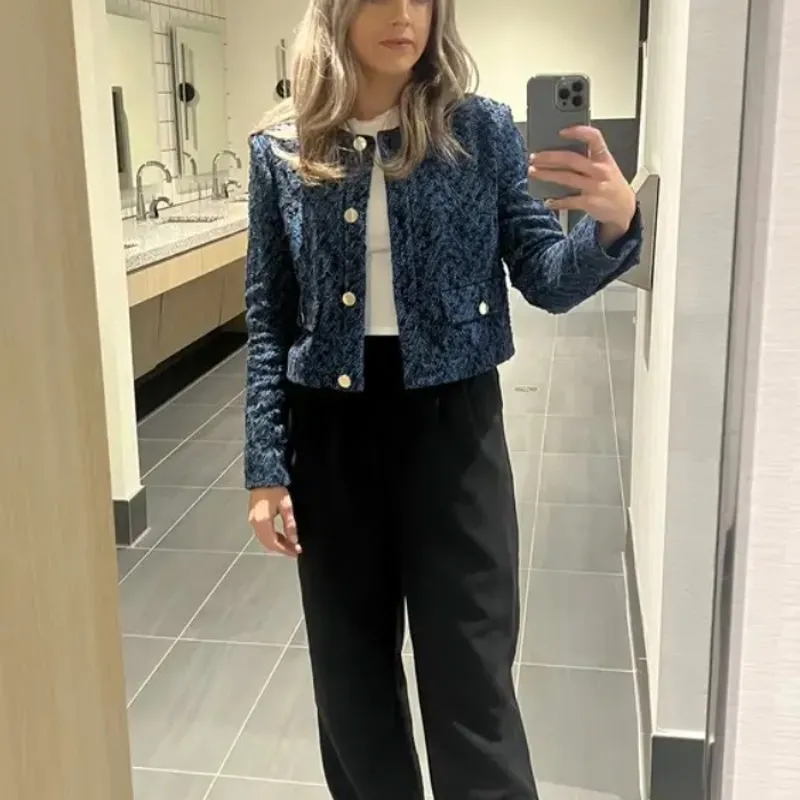 Hugo Boss Blue Tweed Blazer SIZE 6 Boucle Herringbone Cropped Old Money $500 - Image 6