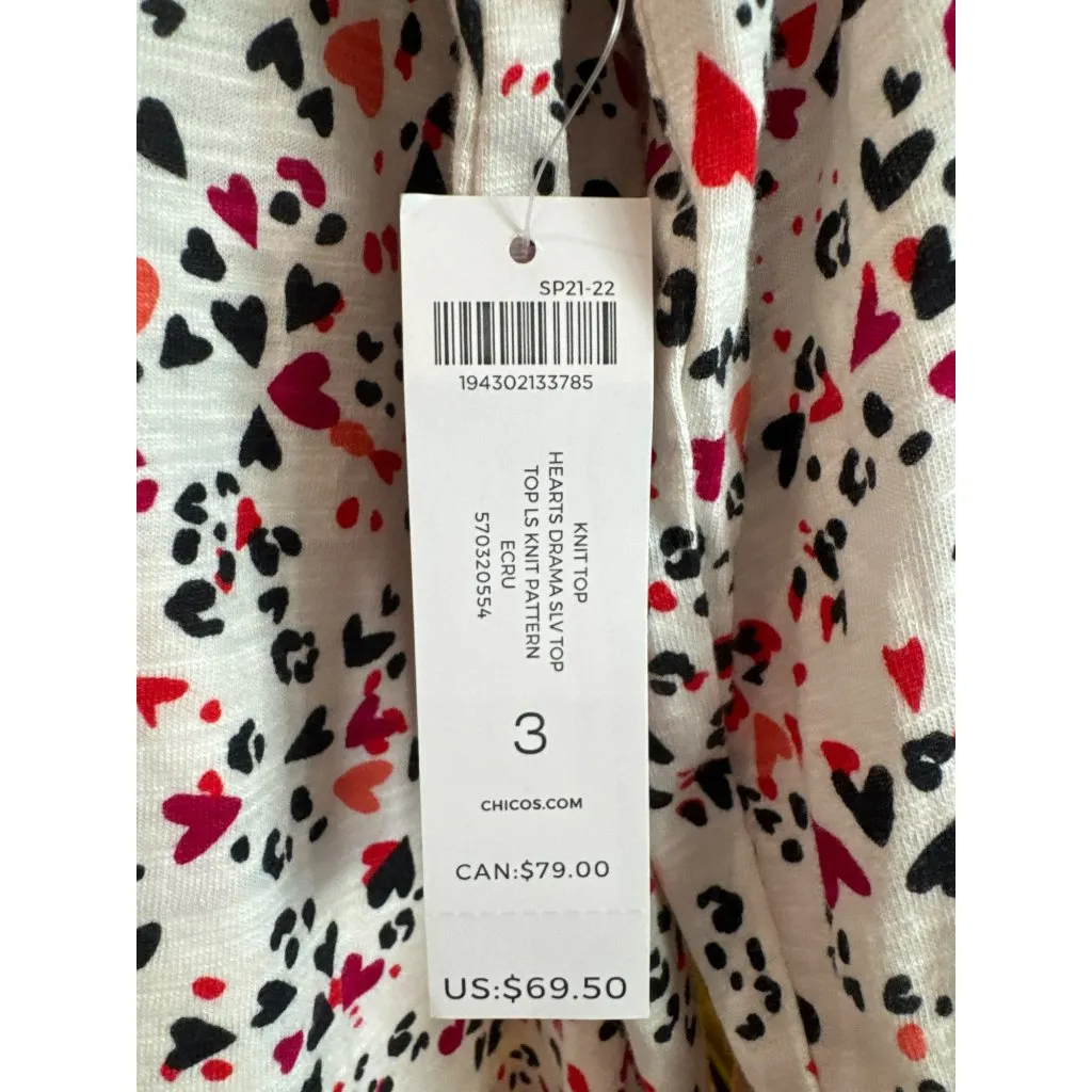 Chico's Knit V-Neck Top Red Black Heart Print Long Sleeves Size XL 3 NWT - Image 3