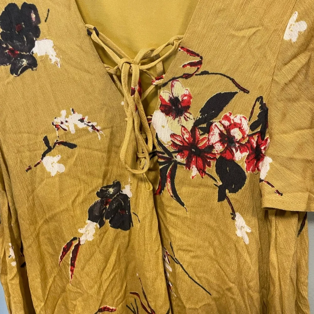 By together! Yellow mustard tan floral swing tie neck dress size small! - Image 5