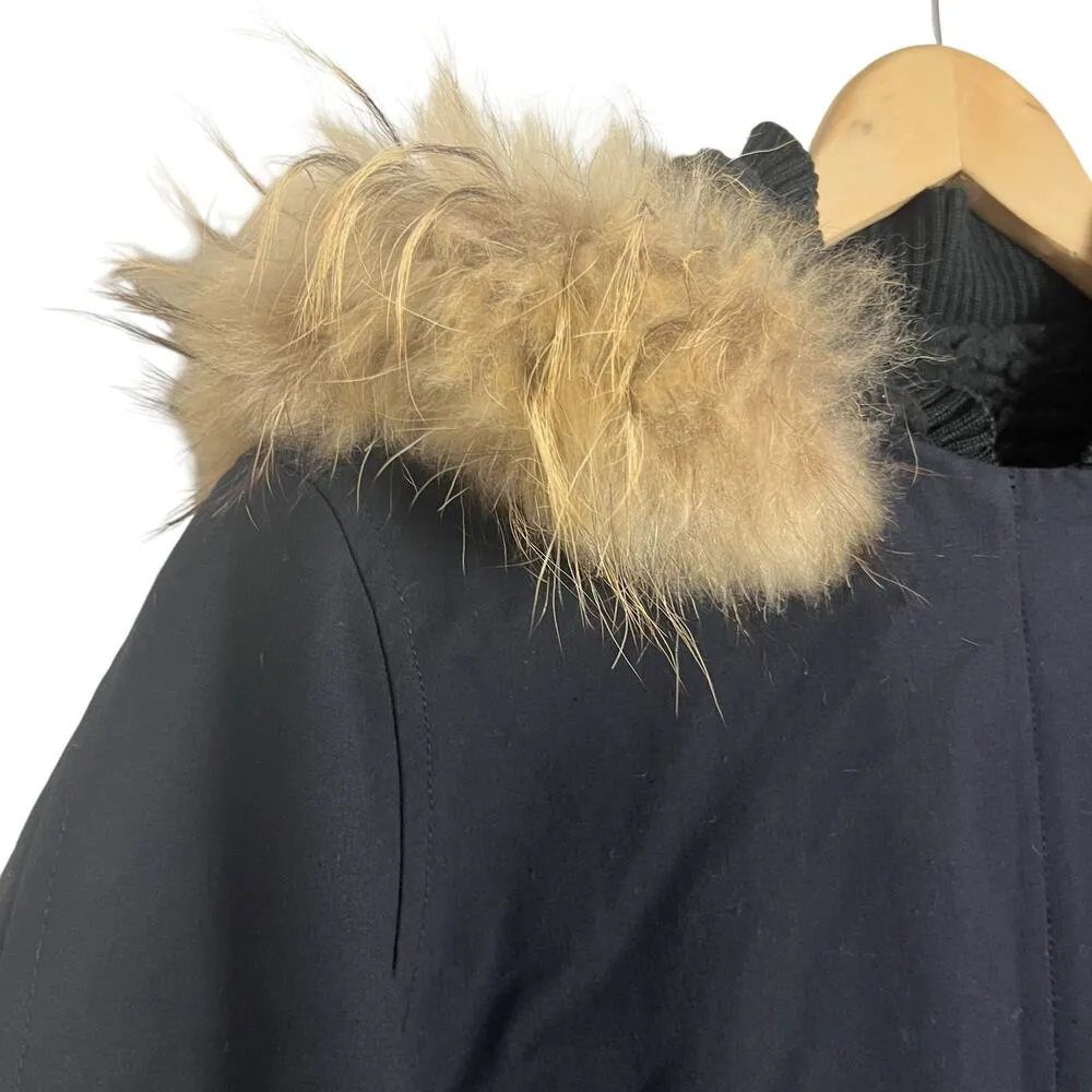Maje Dark Blue Raccoon Fur Trim Hooded Sherpa Parka Coat Size Large - Image 4