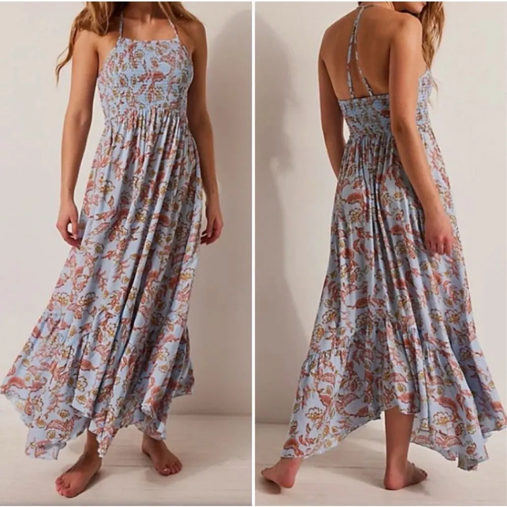 Free People Dress Women XS Blue Heat Wave Floral Smocked Asymmetrical Boho Fairy - Image 2
