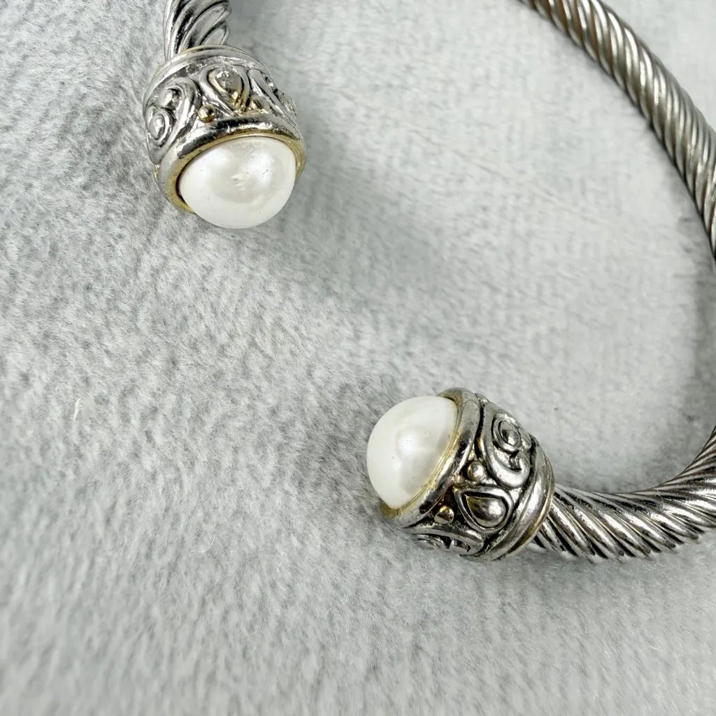 Silver Tone Rope Open Cuff Bracelet White Faux Pearl Endcaps Women's Fashion - Image 10
